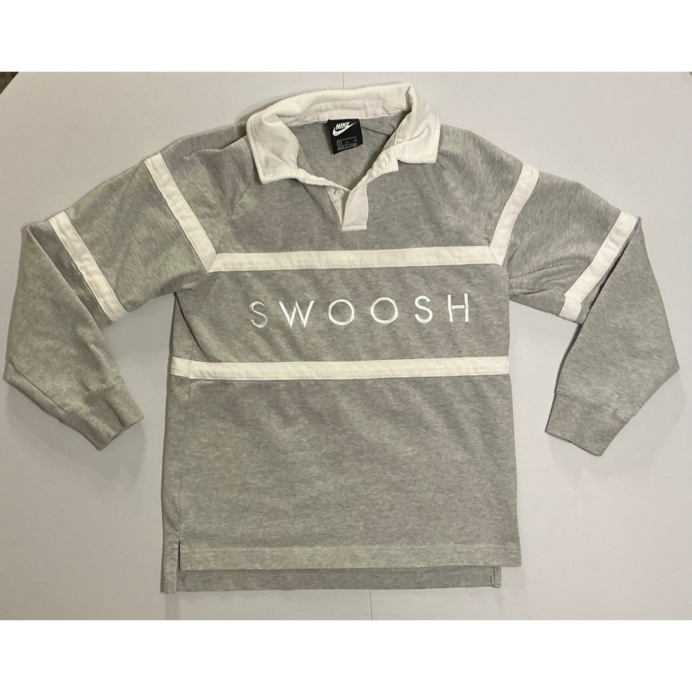 Y2K Nike Rugby Polo Mens S White Spellout Swoosh Sportswear Long Sleeve‎ Preppy